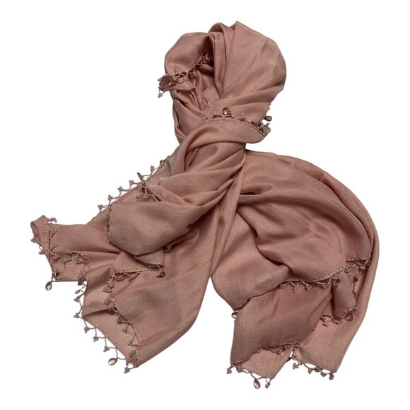 Vintage Rose Pink Sheer Scarf with Beaded Trim – 40” Square Wrap Shawl - Picture 1 of 3